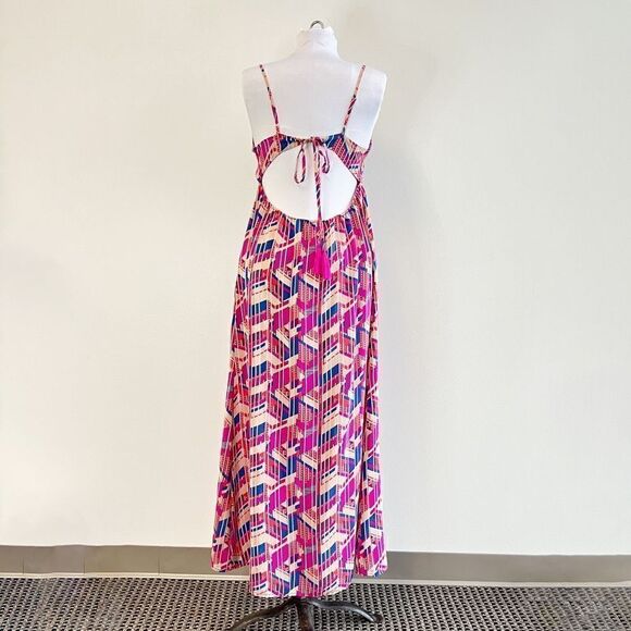 Champagne & Strawberries Women Large Striped Abstract Print Pink Maxi Dress Silk - Picture 4 of 9